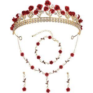 Elegant 4-Piece Rose Jewelry Set for Women Bridal Tiara Necklace Bracelet Earrin